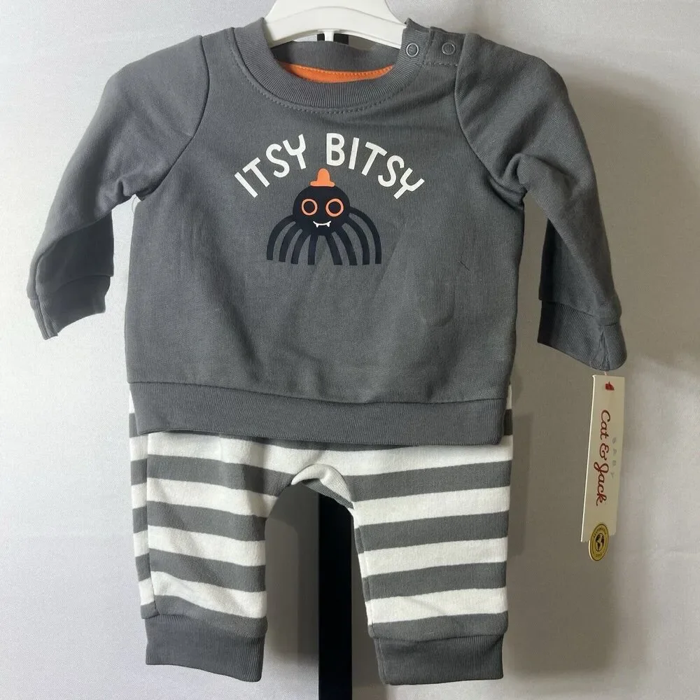 Infant Gray Spider Halloween Sweatshirt & Pants Set Itsy Bitsy Spider Size 0-3M